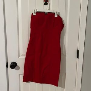 Dark red tube dress with black lace detail